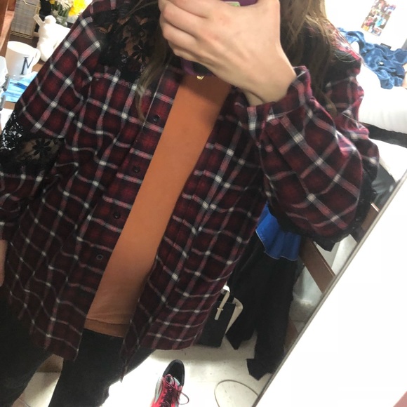 Size L plaid shirt with black lace accents! - Picture 1 of 2